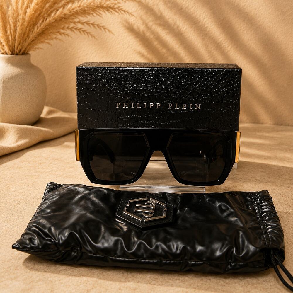 Philipp Plein SPP094M Master Black Shield Sunglasses Gold Logo - Picture 3 of 4